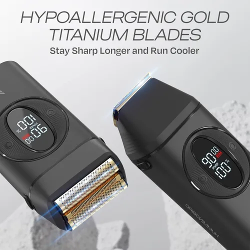 Miniatura 6 de Afeitadora eléctrica HUMMINGBIRD MK17 DualPro con recortador de barba para hombres – Láminas de titanio dorado, afeitado turbo y control de torque