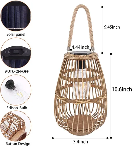 Miniatura 6 de Farol solar para exteriores, impermeables, grandes, de ratán, decorativas, brillantes, bohemias, con asa, rústica, colgante o lámpara de mesa