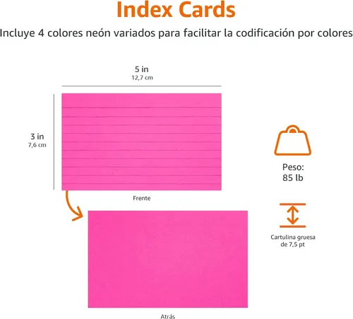 Miniatura 5 de Amazon Basics Tarjetas de índice rayadas para estudiar y tomar notas, colores neón surtidos, 3 x 5 pulgadas, 300