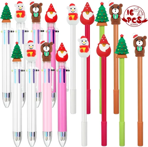 Outus Juego de 16 bolígrafos de Navidad, 8 bolígrafos con temática navideña y 8 bolígrafos retráctiles multicolor para niños y estudiantes, muñeco