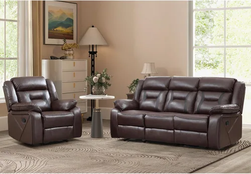 Miniatura 19 de EBELLO Juego de sofá reclinable manual, juego de muebles de sala de estar reclinables de cuero sintético, incluye sofá de dos plazas y sofá Marrón