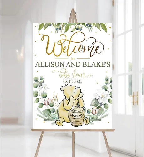Miniatura 8 de Letrero de bienvenida personalizado de Pooh, cartel de bienvenida al baby shower, baby shower de oso Pooh, revelación de género, decoraciones