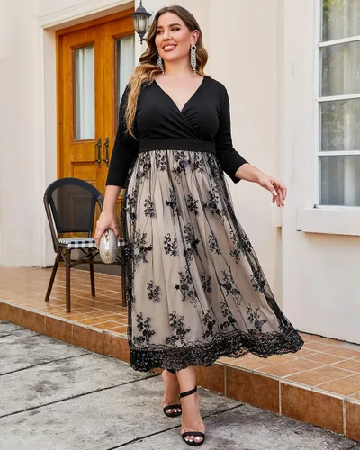 Miniatura 3 de GRAPENT Women's Plus Size Sequin 34 Sleeves Evening Gown Party Long Maxi Dress