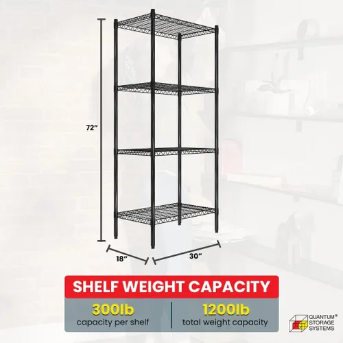 Miniatura 3 de Quantum Storage Systems RWR72-1830LDBK Estantería de Alambre Ajustable Negra con Epoxy 4 Estantes 72" H x 30" W x 18" D
