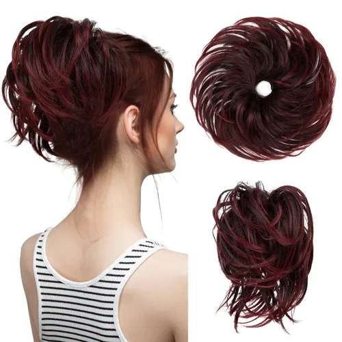 Miniatura 22 de CJL HAIR - Extensión de cabello tipo coletero de chongo desordenado, rizado, sintético, con colas rectas, scrunchies para peinados de moño