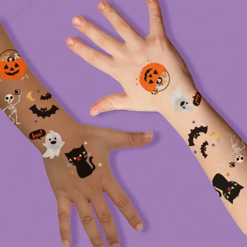 Miniatura 2 de Flash Tattoos Bonito juego de 25 piezas surtidas inspiradas en Halloween, impermeables, metálicas, de oro y plata, tatuajes temporales de papel
