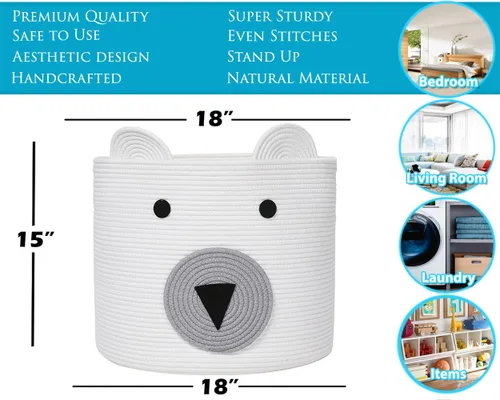 Miniatura 2 de Cesta de oso, cuerda de algodón grande, gran almacenamiento, cesta de lavandería tejida, papelera de almacenamiento de tela, para ropa en el Blanco