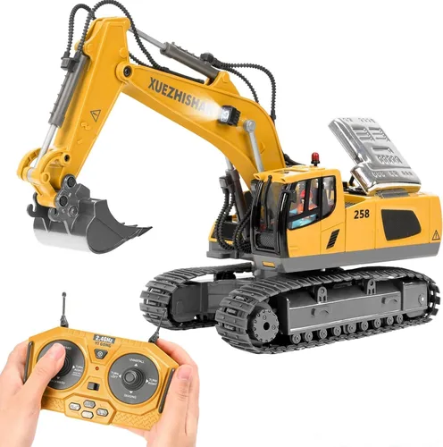 Excavadora de control remoto para niños, excavadora RC con 2 baterías recargables, luces de pala de metal y sonidos de 2.4 GHz, mejor juguete de