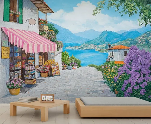 Miniatura 36 de Papel tapiz 3D de bicicleta rosa vintage, murales de flores de paisaje de primavera para sala de estar, pintura al óleo, papel tapiz rústico