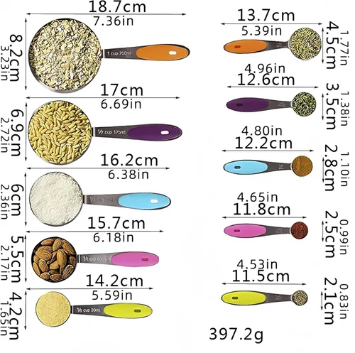 Miniatura 2 de Juego de 10 tazas y cucharas medidoras, taza medidora de metal apilable para medir ingredientes secos y líquidos, alimentos secos de cocina usados