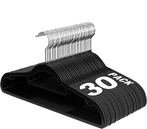 Paquete de 30 perchas de plástico resistentes de 16.5 pulgadas con gancho giratorio de 360°, barra antideslizante y organizadores de armario