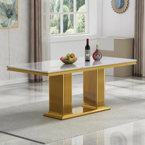 Miniatura 47 de Juego de mesa de comedor de 5 piezas, moderno juego de mesa de comedor para 4, 70 pulgadas, juego de mesa de comedor de mármol sintético blanco