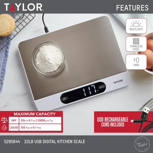 Miniatura 2 de Taylor Báscula de alimentos de cocina de alta capacidad de 22 libras con superficie de acero inoxidable, pantalla retroiluminada y cable de recarga