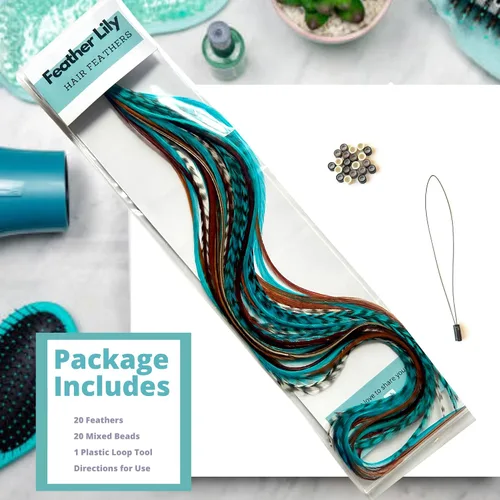 Miniatura 5 de Kit de extensiones de plumas de cabello, plumas de gallo largas reales para cabello con cuentas de microenlace y herramienta de bucle, turquesa