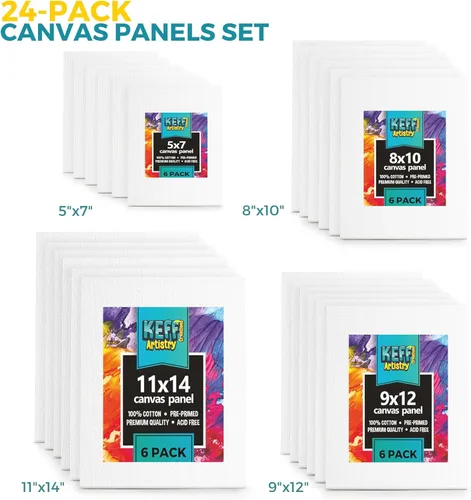 Miniatura 6 de KEFF Paquete de 24 lienzos para pintura, 6 de 5 x 7, 8 x 10, 9 x 12, 11 x 14 pulgadas, suministros de arte para adultos y niños, lienzos imprimados