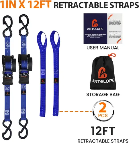 Miniatura 3 de Correas de trinquete retráctiles resistentes (paquete de 2) – Correas de amarre autorretráctiles de 1 pulgada x 12 pies con bucle suave, correas
