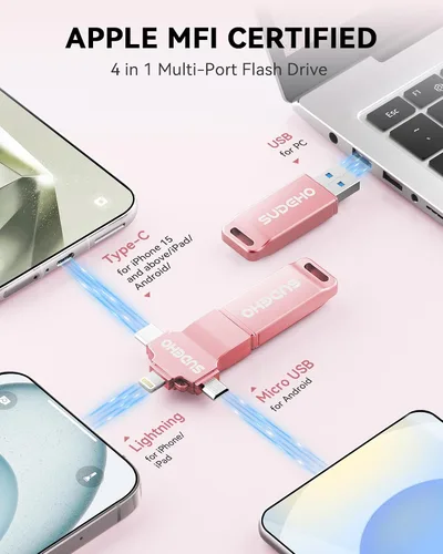 Miniatura 2 de Memoria USB USB con certificación MFi para iPhone, memoria externa 4 en 1 para ahorro de video y copia de seguridad (rosa rosa, 256 GB)