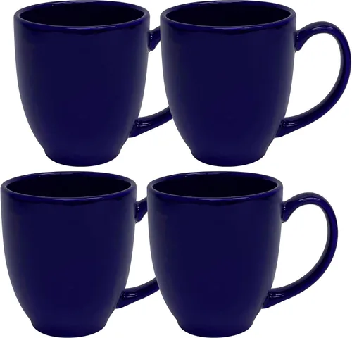 Serami Tazas de cobalto bistro de 14 onzas para café o té. Asas grandes y construcción de cerámica, juego de 4