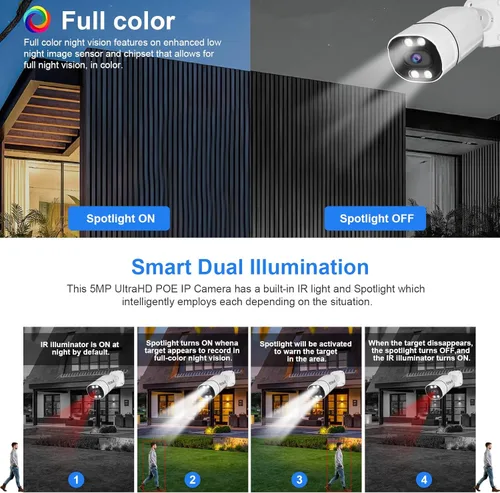 Miniatura 3 de JideTech Cámara bala IP PoE de 5MP para exteriores, visión nocturna IR/color de 120 pies, audio de 2 vías, detección de vehículos y humanos AI