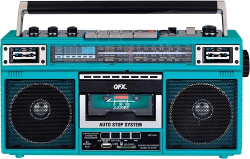 Miniatura 14 de QFX J-220BT Boombox MP3 Conversión de radio a casete con radio de 4 bandas (AM, FM, SW1, SW2) con Bluetooth, batería recargable, altavoces duales