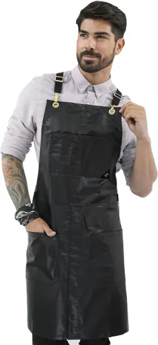 Miniatura 7 de Under NY Sky Delantal negro con espalda cruzada, herrajes cromados, sarga revestida, refuerzo de cuero, pierna dividida, ajustable para hombres