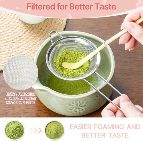 Miniatura 3 de Juego de batidor de matcha, kit de 8 piezas que incluye tazón, batidor de bambú y soporte, cuchara de bambú, colador de té, toalla de té, agitador