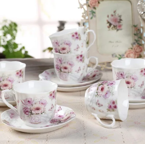 Miniatura 2 de GuangYang Juego de 6 tazas de té y platillos de porcelana de 7 onzas, patrón floral morado