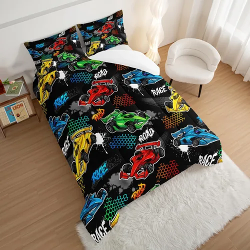 Miniatura 3 de HOSIMA Edredón de Coche de Carreras de Dibujos Animados para Niños para Decoración de Cama de Coche de Carreras, Juego de Ropa de Cama para Niños