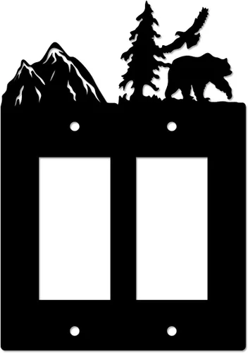 Miniatura 6 de Eagle & Bear - Placa de pared con interruptor de luz, doble dúplex, habitación de cabaña negra Cubiertas decorativas de metal para enchufe, se