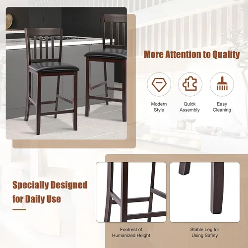 Miniatura 8 de COSTWAY Juego de 2 taburetes de bar, sillas de bar de 25 pulgadas de altura de mostrador con patas de madera de goma, sillas de bar sin brazos