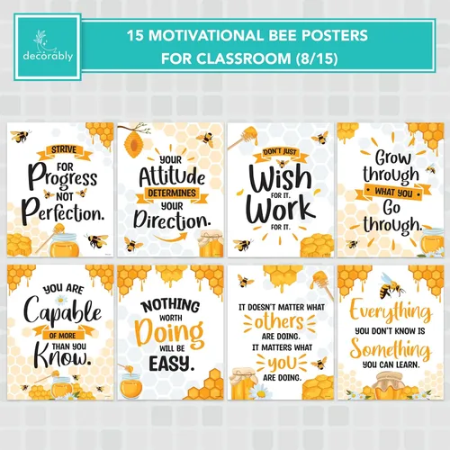 Miniatura 6 de Decorably 15 pósteres motivacionales de abeja para aula, 11 x 14 pulgadas, laminado mate, decoración inspiradora de abejas – tablones de anuncios
