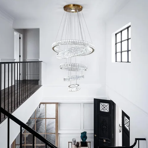 Miniatura 3 de Lámpara candelabro LED de cristal grande, moderna de 5 anillos, luz colgante ajustable para dormitorio, comedor, cocina (blanco cálido).