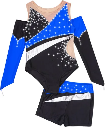 Miniatura 24 de JEATHA Conjunto de 2 piezas de leotardo de gimnasia de manga larga con hombros descubiertos y pantalones cortos atléticos para niñas