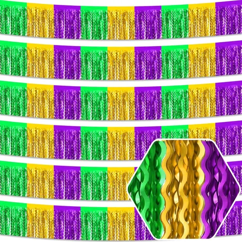 Miniatura 8 de Paquete de 6 guirnaldas de flecos de 10 pies de color negro dorado y plateado con flecos metálicos de oropel con serpentinas para colgar