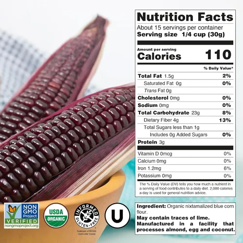 Miniatura 2 de Just About Foods Harina de Maíz Azul Orgánico USDA Orgánico Sin Gluten, Kosher y Vegano 1 LB (454 g) Paquete de 2