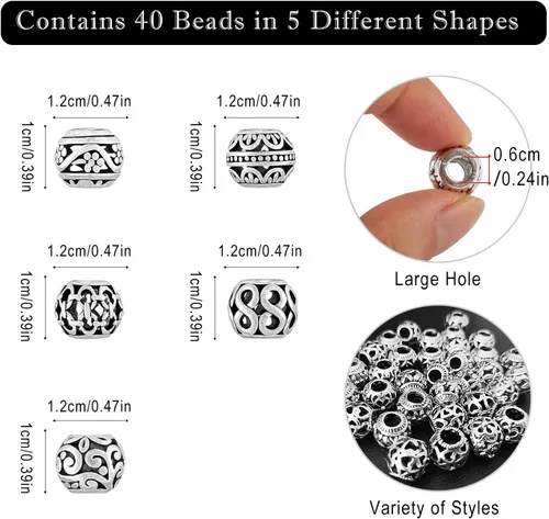 Miniatura 4 de 40 piezas de cuentas espaciadoras de tubo metálico para fabricación de joyería, cuentas de paracord de agujero grande plateadas, cuentas