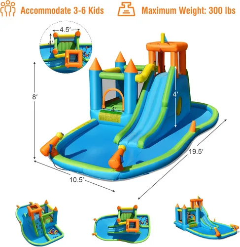 Miniatura 7 de HONEY JOY Tobogán acuático inflable, casa de rebote de agua gigante 8 en 1, parque de toboganes acuáticos con piscina de salpicaduras, gateo
