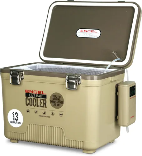 Miniatura 10 de ENGEL - Enfriador de cebo vivo PRO para pesca - Cubo portátil de pececillos y cebo con aireador recargable de iones de litio Canela