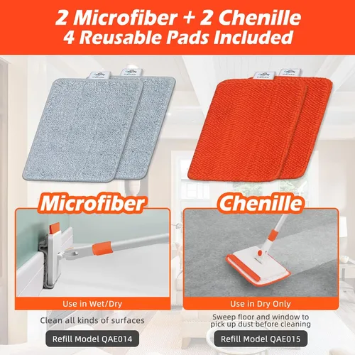 Miniatura 4 de Qaestfy Paquete de 2 almohadillas de microfibra compatibles con QAE011 Herramienta de limpieza de pared y zócalo con mango largo modelo QAE014
