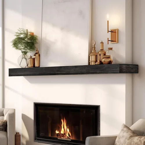 Miniatura 15 de Repisa de chimenea de 48 pulgadas, madera maciza rústica hecha a mano de 3 pulgadas de grosor, estante flotante largo de pared con soporte de metal