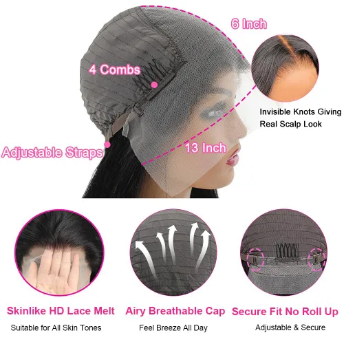 Miniatura 9 de CUTE BEIN Pelucas de cabello humano con encaje frontal HD de 13 x 6 pulgadas de densidad 250, [2 años de vida útil, 9.12 onzas], pelucas de cabello