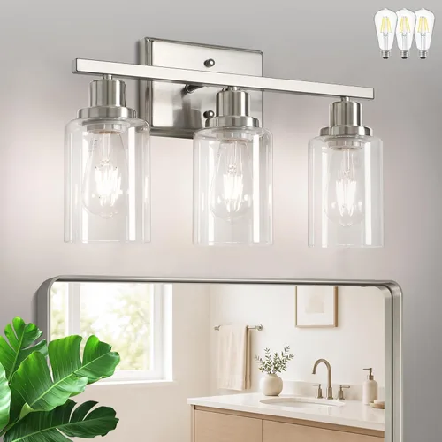 Miniatura 14 de Ascher 2 luces de pared, lámpara de tocador moderna con acabado negro, luz de pared con pantalla de vidrio transparente para espejo, pasillo