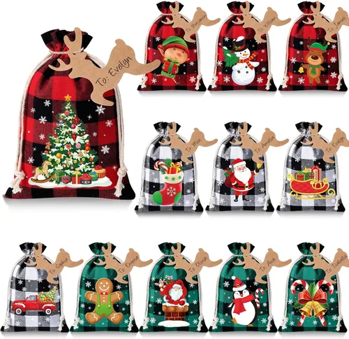 Miniatura 9 de Shappy 48 bolsas de Navidad con cordón, bolsas de arpillera a cuadros Buffalo de Navidad, bolsas de lino para golosinas, sacos para regalos
