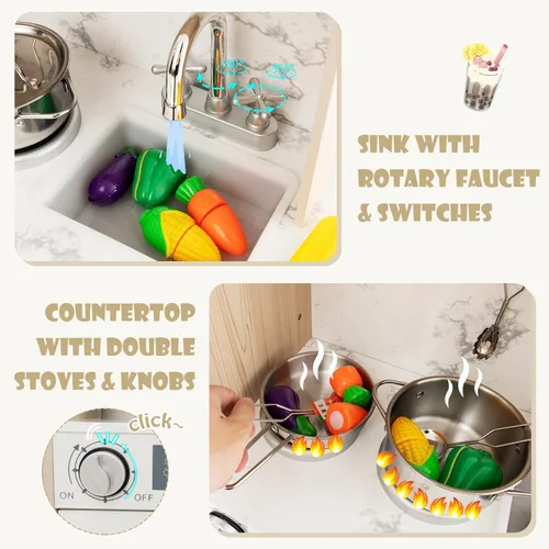 Miniatura 4 de HONEY JOY Juego de cocina para niños con luces, juego de cocina de madera con 2 contenedores de almacenamiento, cafetera, microondas, máquina