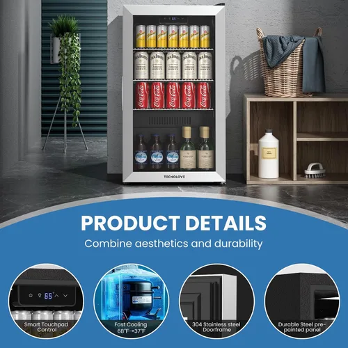 Miniatura 2 de Refrigerador de bebidas con enfriador, mini refrigerador, independiente, capacidad para 123 latas/3 pies cúbicos, enfría hasta 37 ℉, pantalla táctil