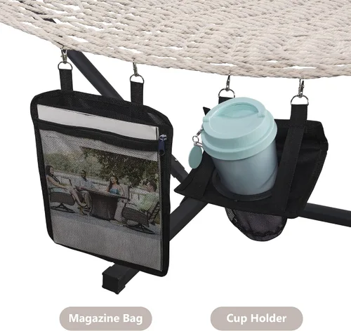 Miniatura 7 de ANOW Hamaca doble de cuerda con barra separadora de madera dura y bolsa de transporte, capacidad de peso de 450 libras para dos personas, natural