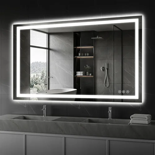 Miniatura 19 de Koonmi Espejo LED de 28 x 20 pulgadas para baño, espejo de tocador antivaho 90CRI con luz delantera y trasera, espejo de pared a prueba de roturas