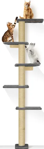 PAWSCRAT Árbol para gatos montado en la pared, torre para gatos de piso a techo de 5 niveles, poste rascador para gatos montado en la pared de 80