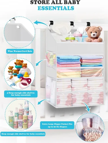 Miniatura 4 de Organizador de pañales colgante PHOTOONE para cuna – Organizador espacioso para guardería de bebé niña/niño para cambiador, corralito/pared – Blanco