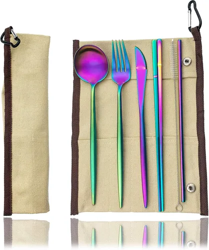 Miniatura 14 de JASHII El juego de cubiertos de viaje incluye cuchillo reutilizable, tenedor, cuchara, palillos, pajilla, utensilios ecológicos, utensilios de Azul